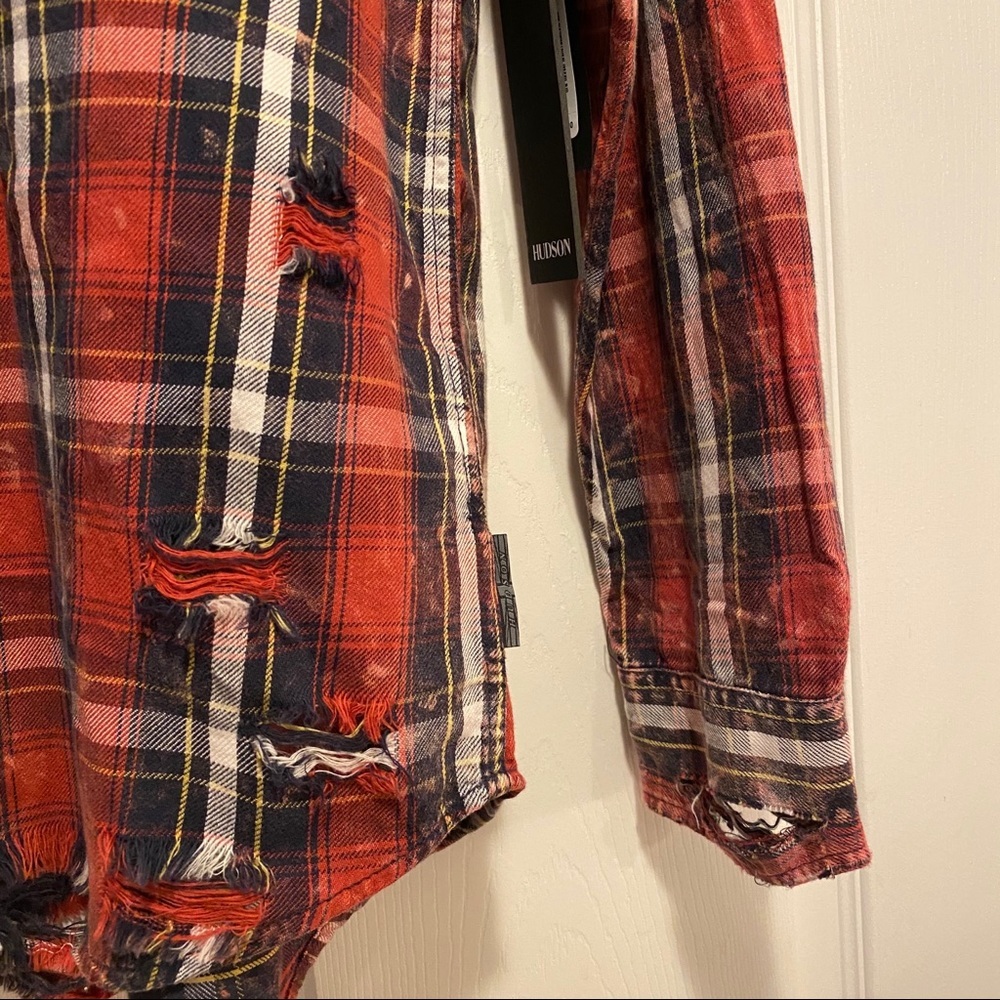 Hudson Weston Distressed Plaid Long Sleeve Shirt Men Size Medium - Picture 2 of 8